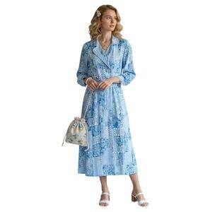 Vtg 70s Blue White Paisley Floral Belted Maxi Shirtwaist Dress Modern Sz S/M